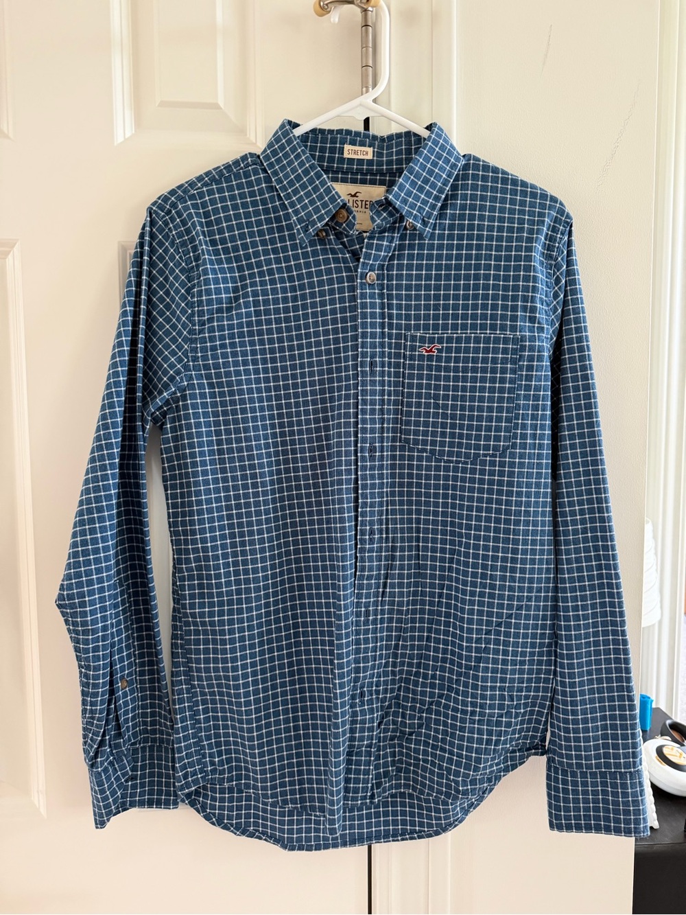 Hollister Men’s Navy Blue Windowpane Button-Down Shirt